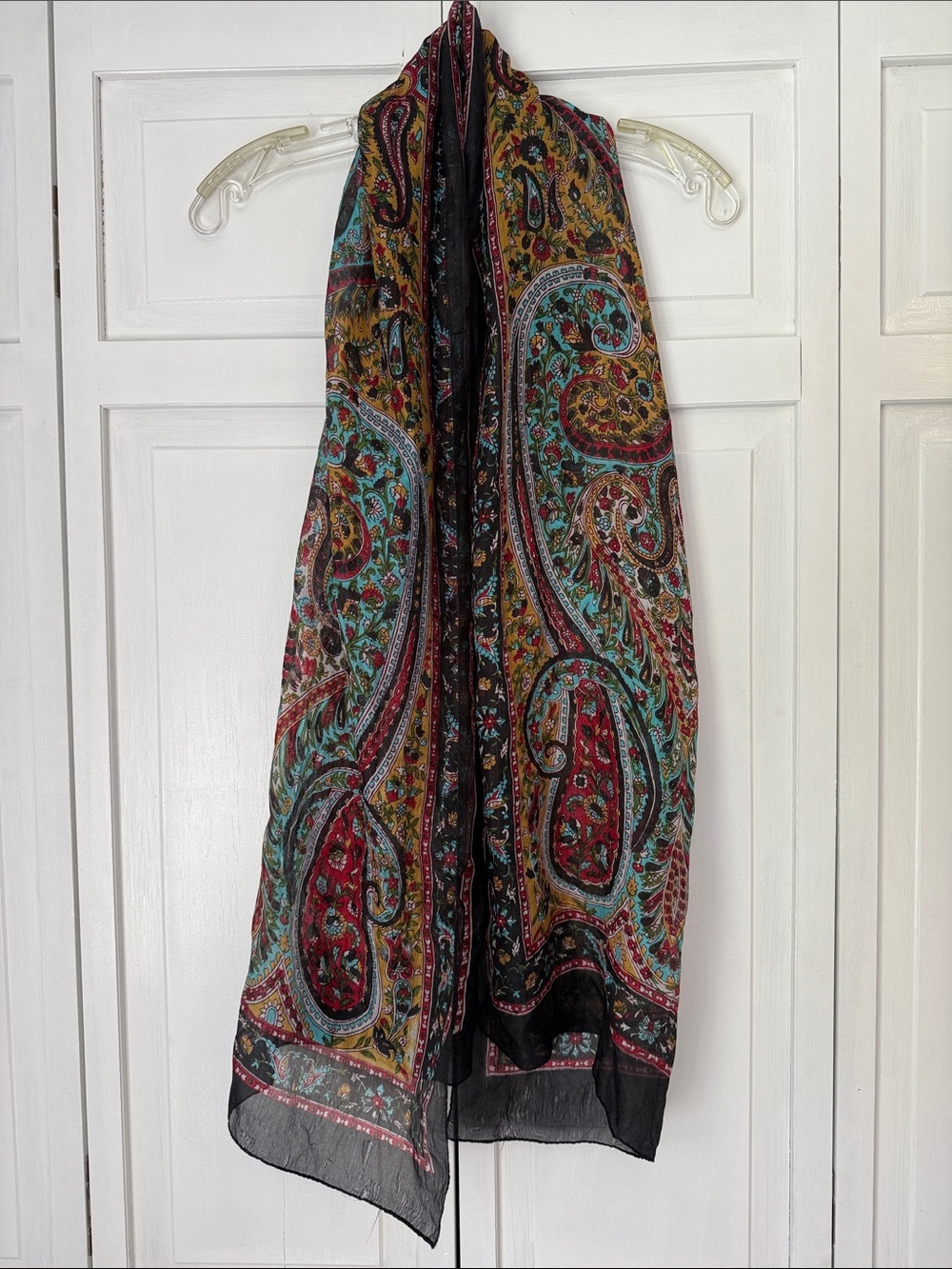 Paisley Print Lightweight Silk Scarf in Turquoise, Red & Gold